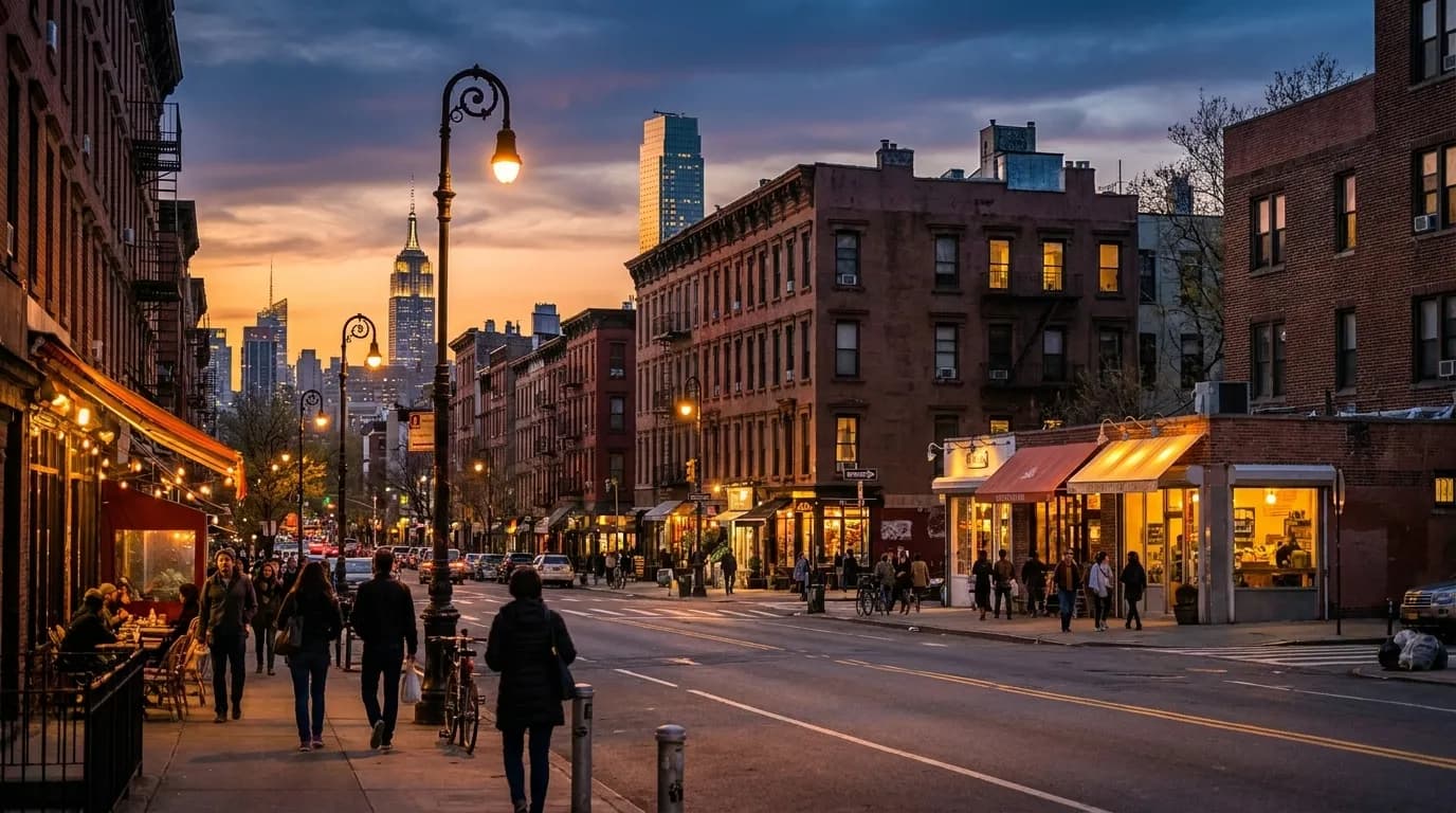 Brooklyn street scene at night with pedestrians walking past lit cafes and small venues