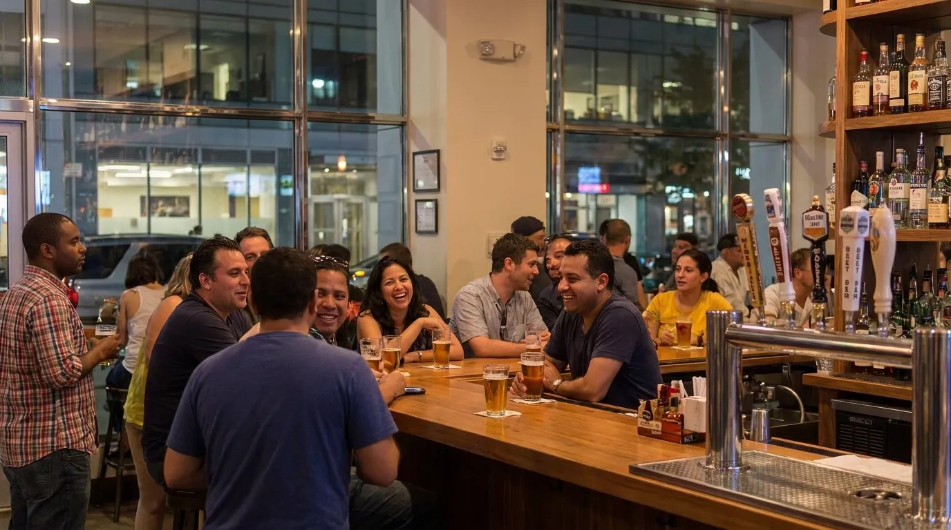 Local crowd gathered inside a Queens neighborhood bar with warm lighting and casual atmosphere