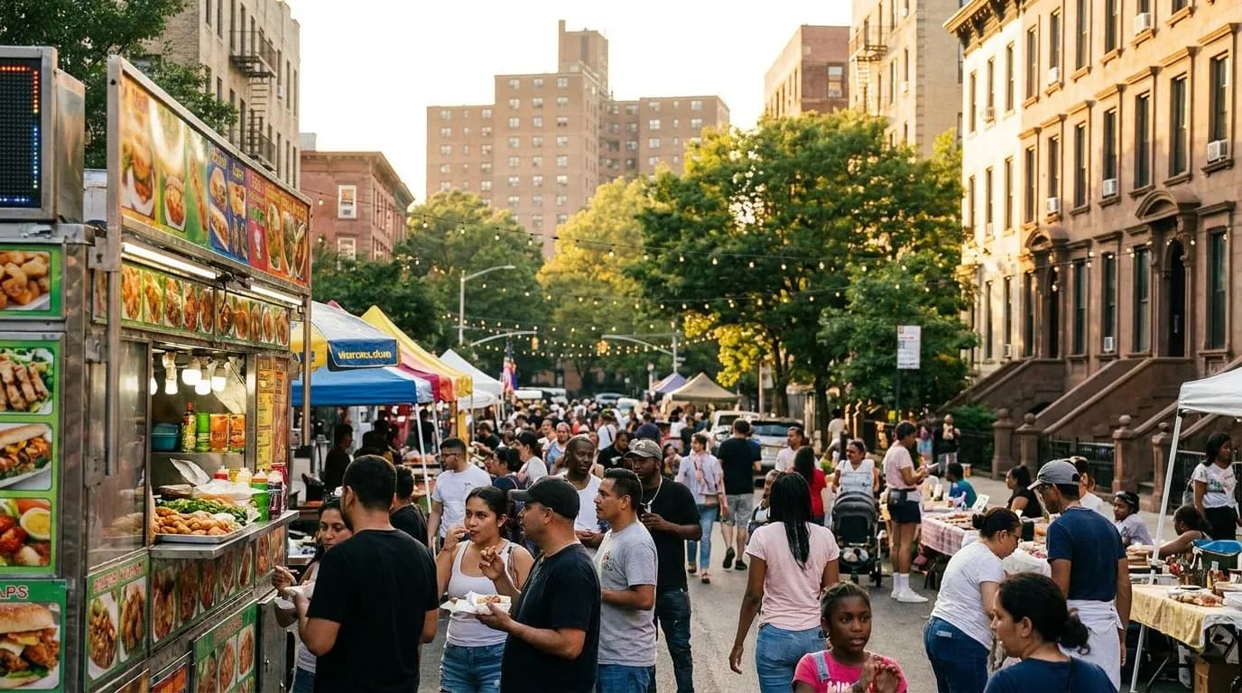 Evening street festival in the Bronx with community members and food vendors along the sidewalk