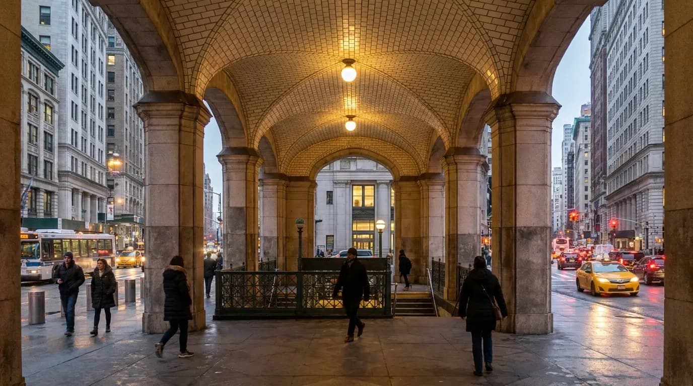 Subway entrance on a Manhattan street corner with pedestrians and traffic