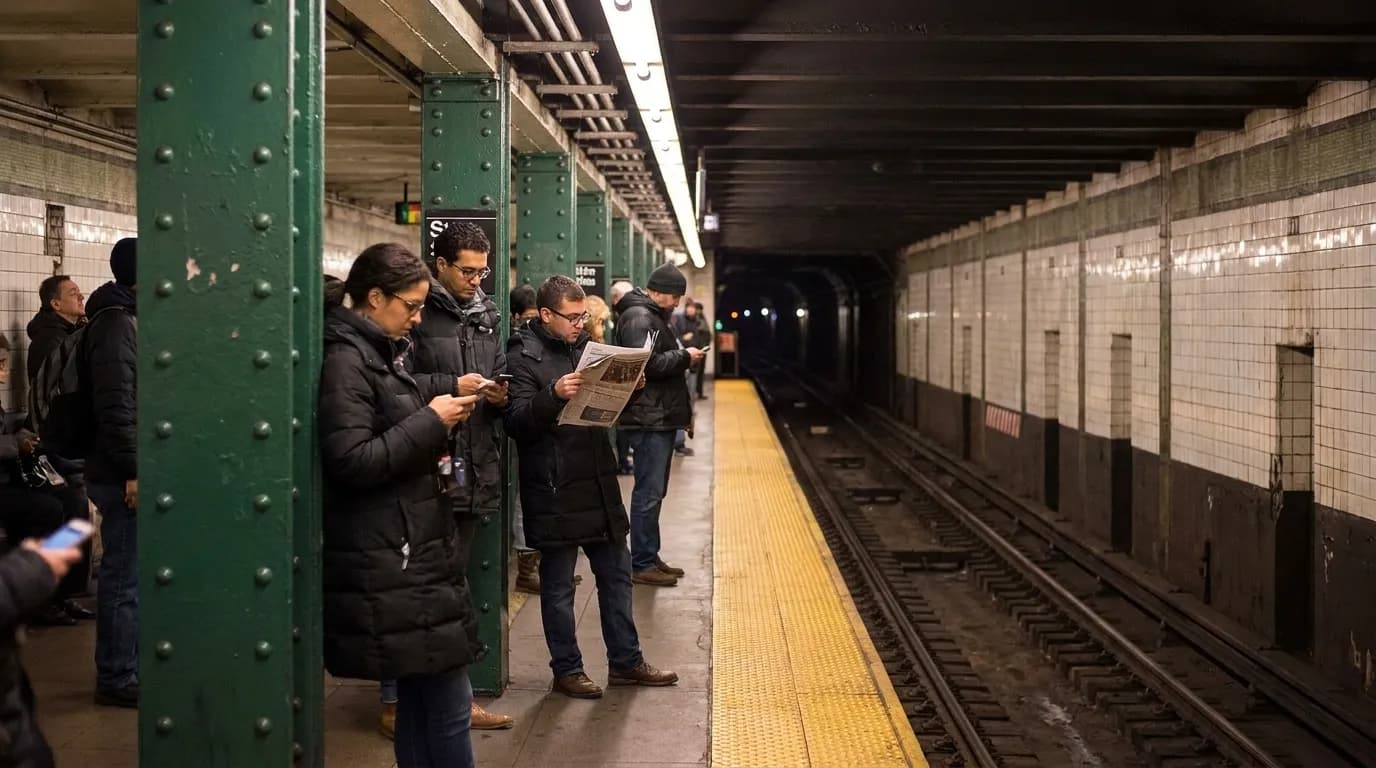 Commuters waiting on a subway platform in New York City