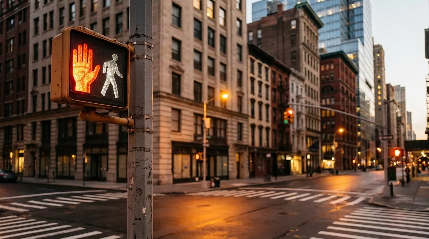 Evening street scene at a Manhattan intersection with crosswalks and buildings