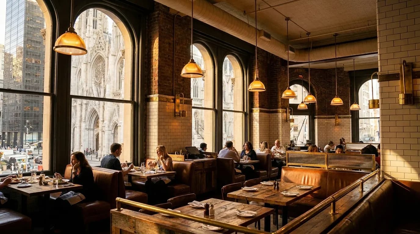 Warm interior of a New York City restaurant with diners at tables during evening service