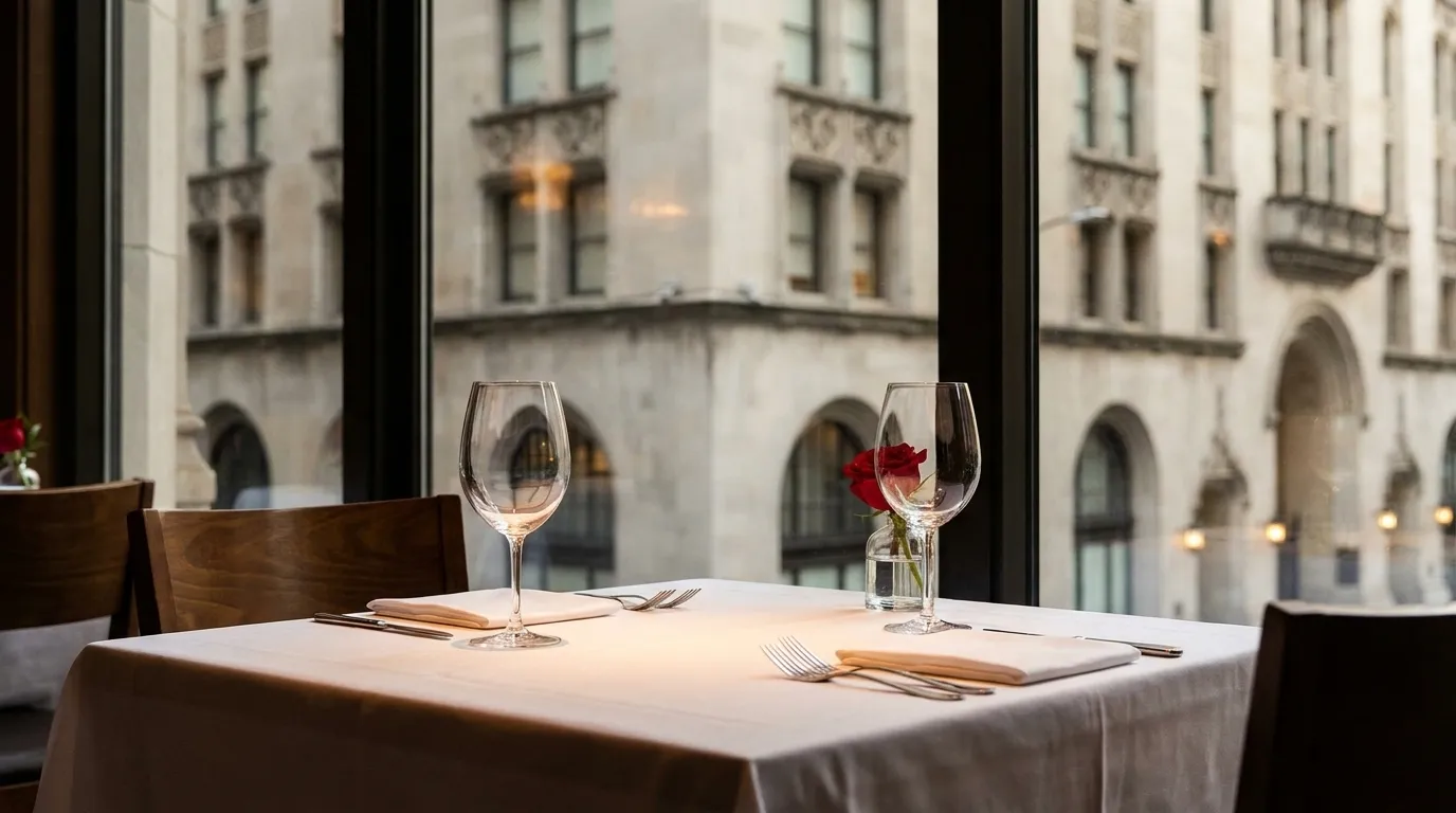 Close view of a bistro table set with wine glasses and simple place settings in Manhattan