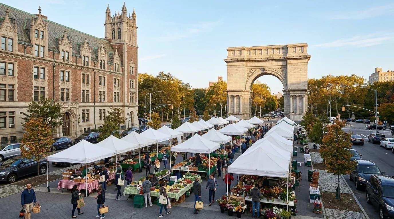 Wide view of Grand Army Plaza's triumphal arch with greenmarket vendors and shoppers in the foreground on a Saturday morning