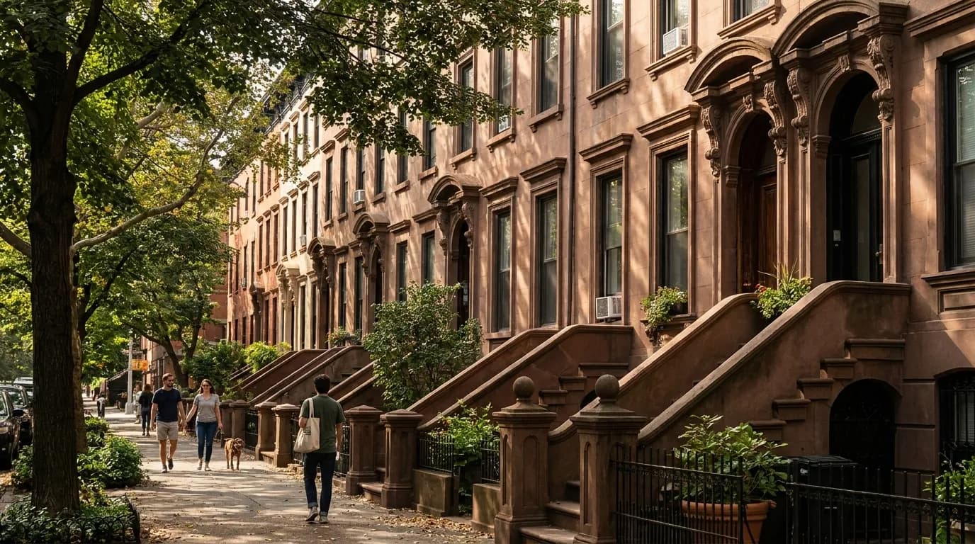 Tree-lined residential street in Prospect Heights showing classic brownstone buildings and front stoops