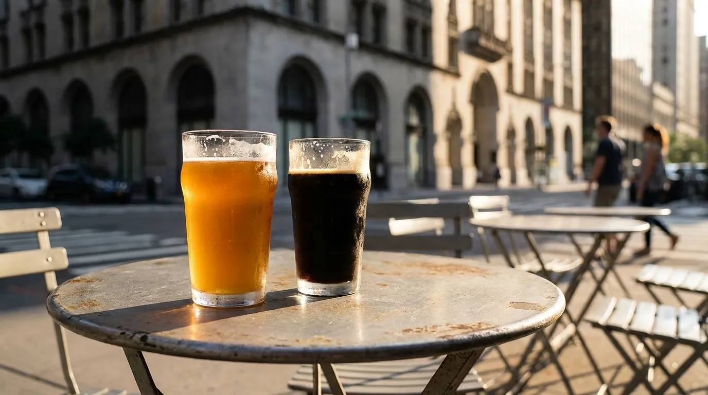 Outdoor sidewalk seating at a Brooklyn neighborhood bar with draft beer glasses on table