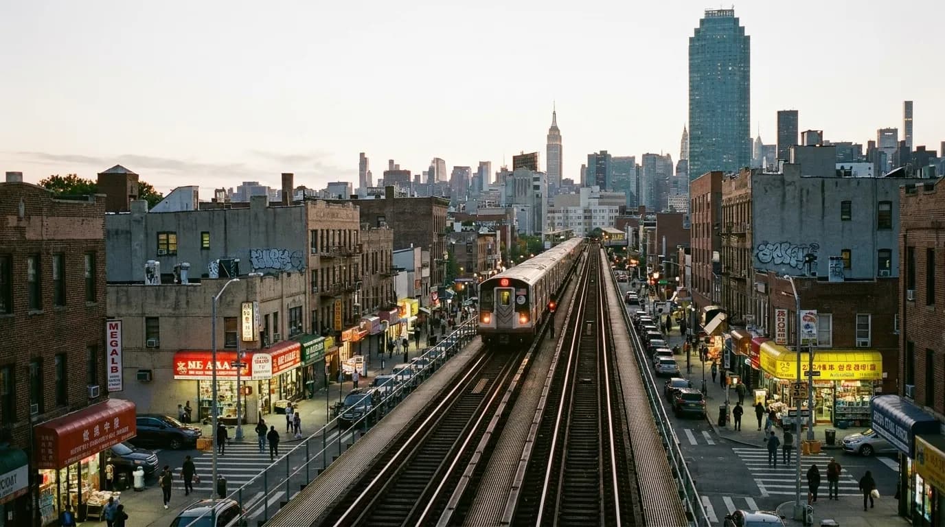 Elevated 7 train tracks running through a busy Queens commercial corridor with multilingual storefront signs visible below