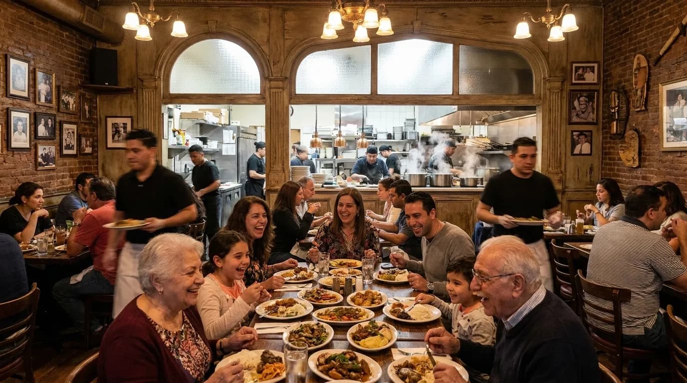 Interior of a bustling Queens restaurant with multi-generational families seated at tables during evening dinner service