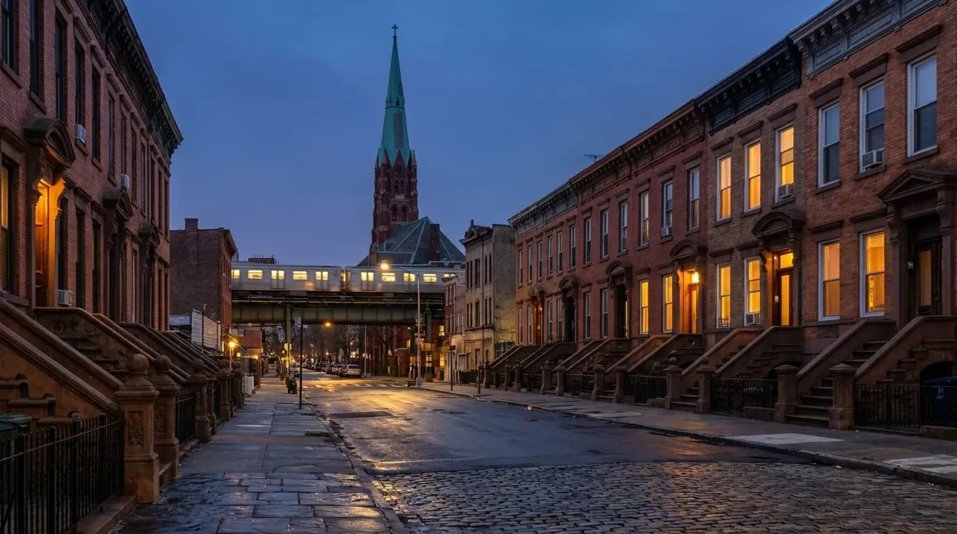 Historic rowhouses line a quiet Ridgewood street at dusk with warm window light