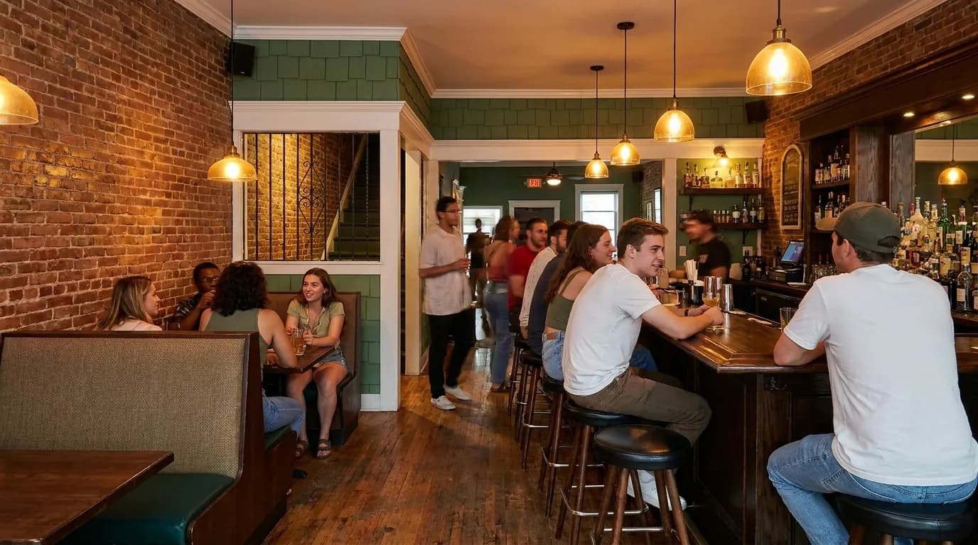 Intimate bar interior with wooden booths and bar seating under dim lighting
