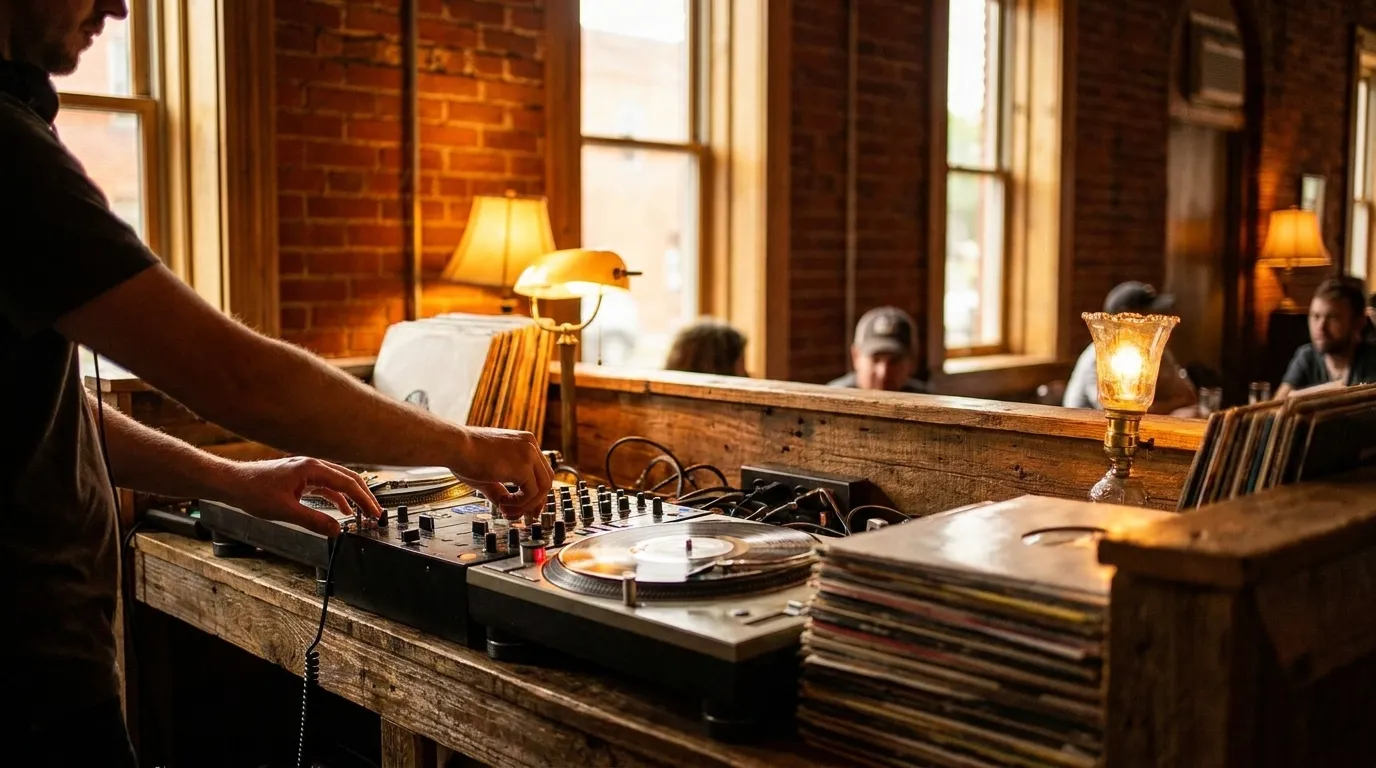 DJ equipment and turntables in a small venue with ambient lighting