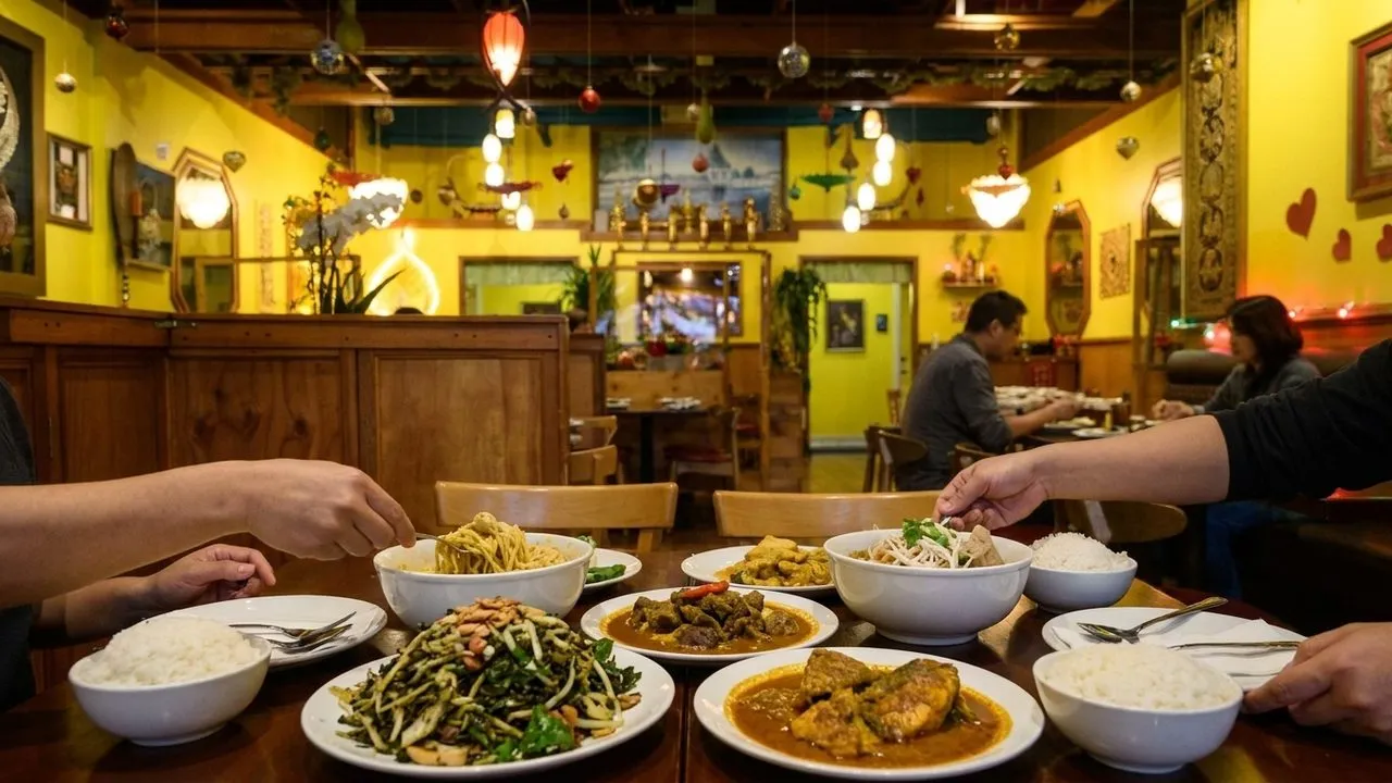 Tea leaf salad and Burmese dishes on a San Francisco restaurant table