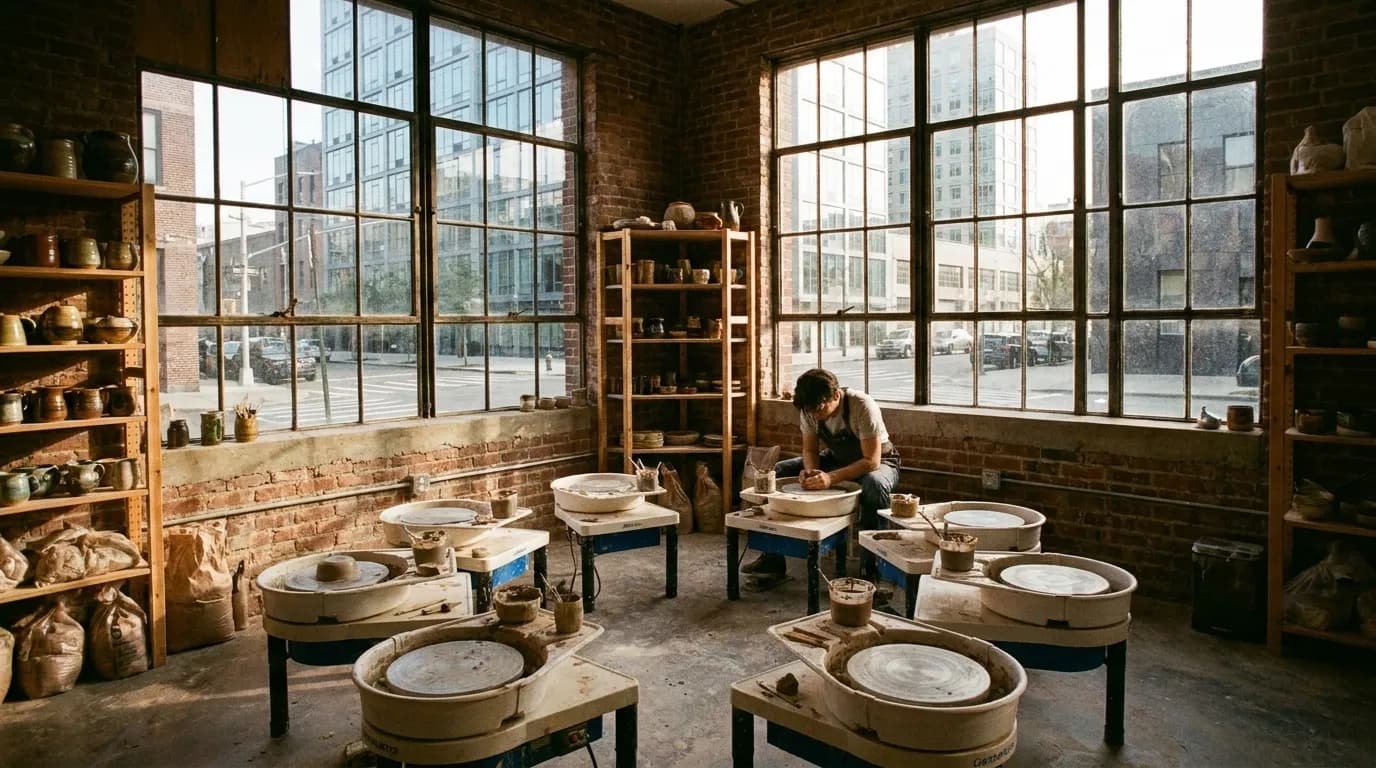Interior of Brooklyn pottery studio with wheels and natural light during small group workshop session