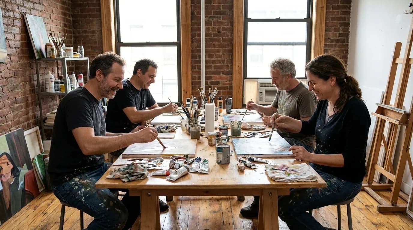 Small group of adults working on paintings together in intimate New York City art class setting