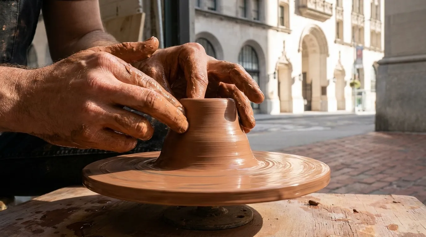 Close-up of hands shaping wet clay on pottery wheel showing tactile creative process
