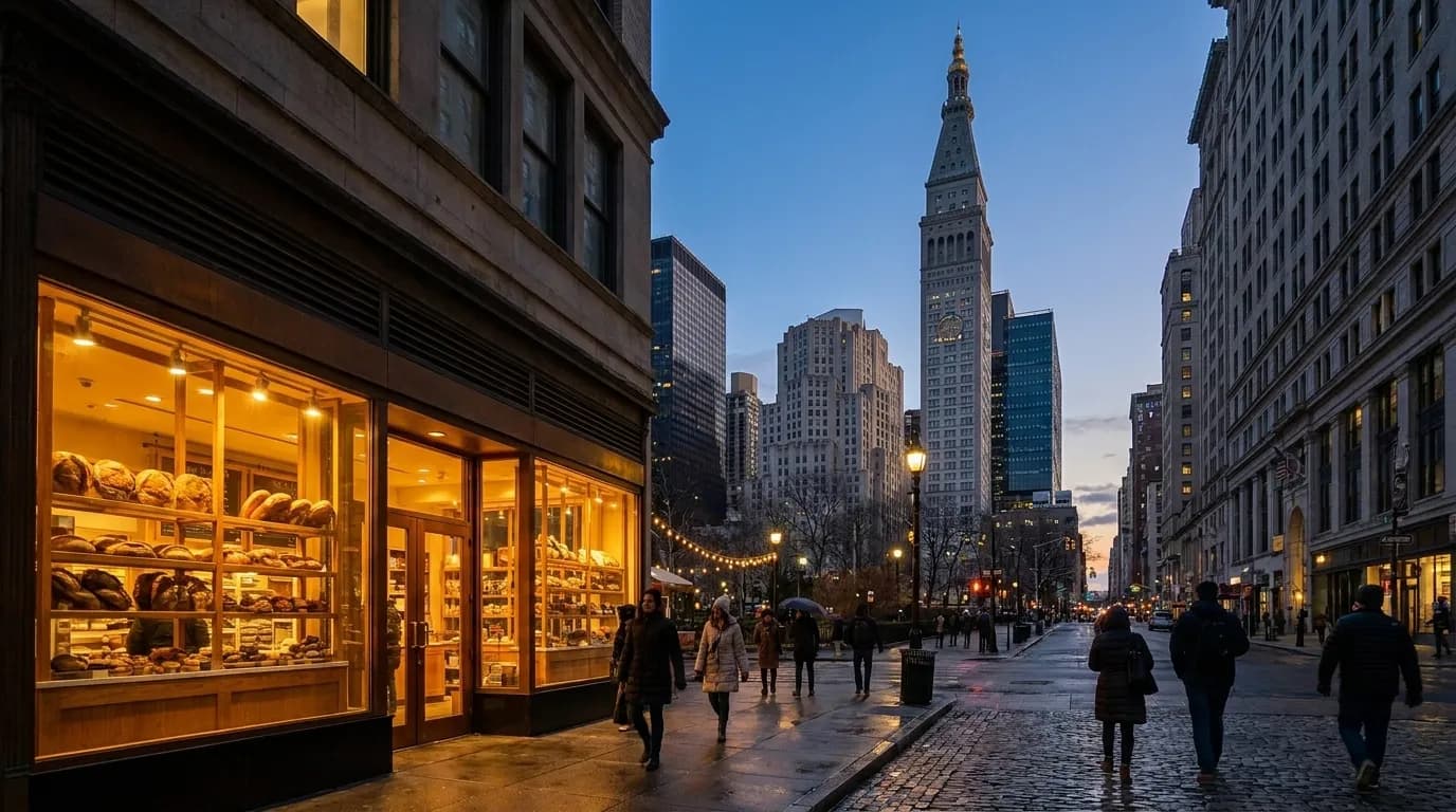 Illuminated bakery storefront on a New York City street at dusk with pedestrians walking past