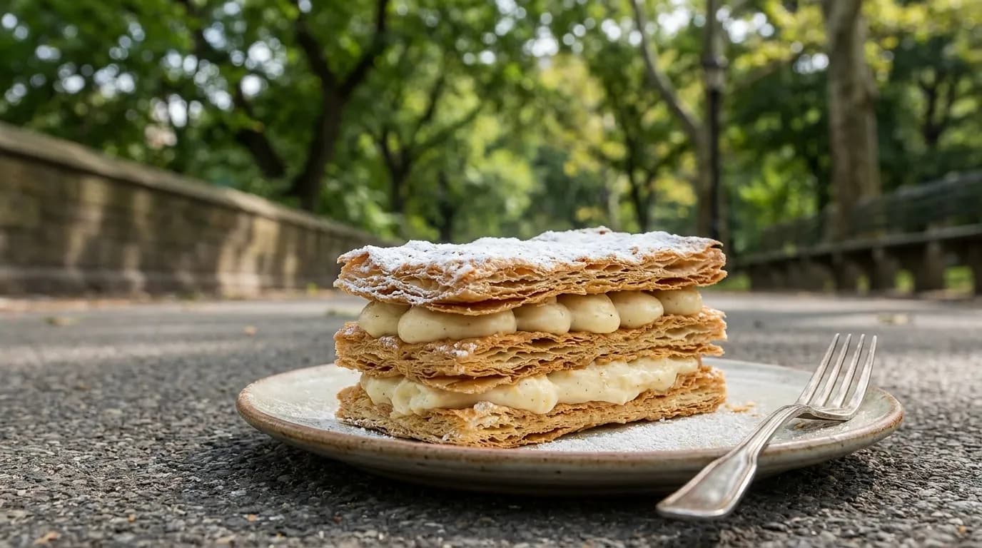 Close-up of a layered pastry on a ceramic plate with a fork