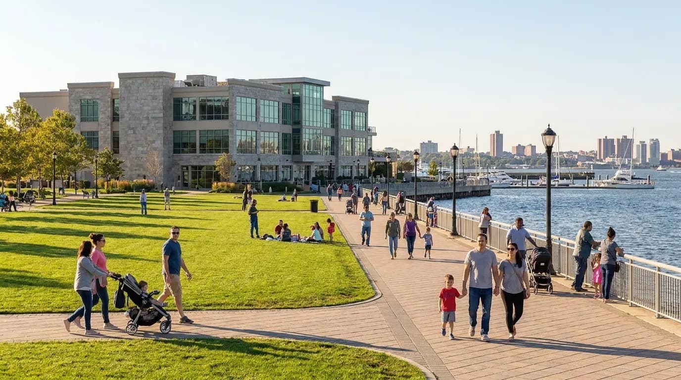 Families walking along Staten Island waterfront park with open green space and harbor views