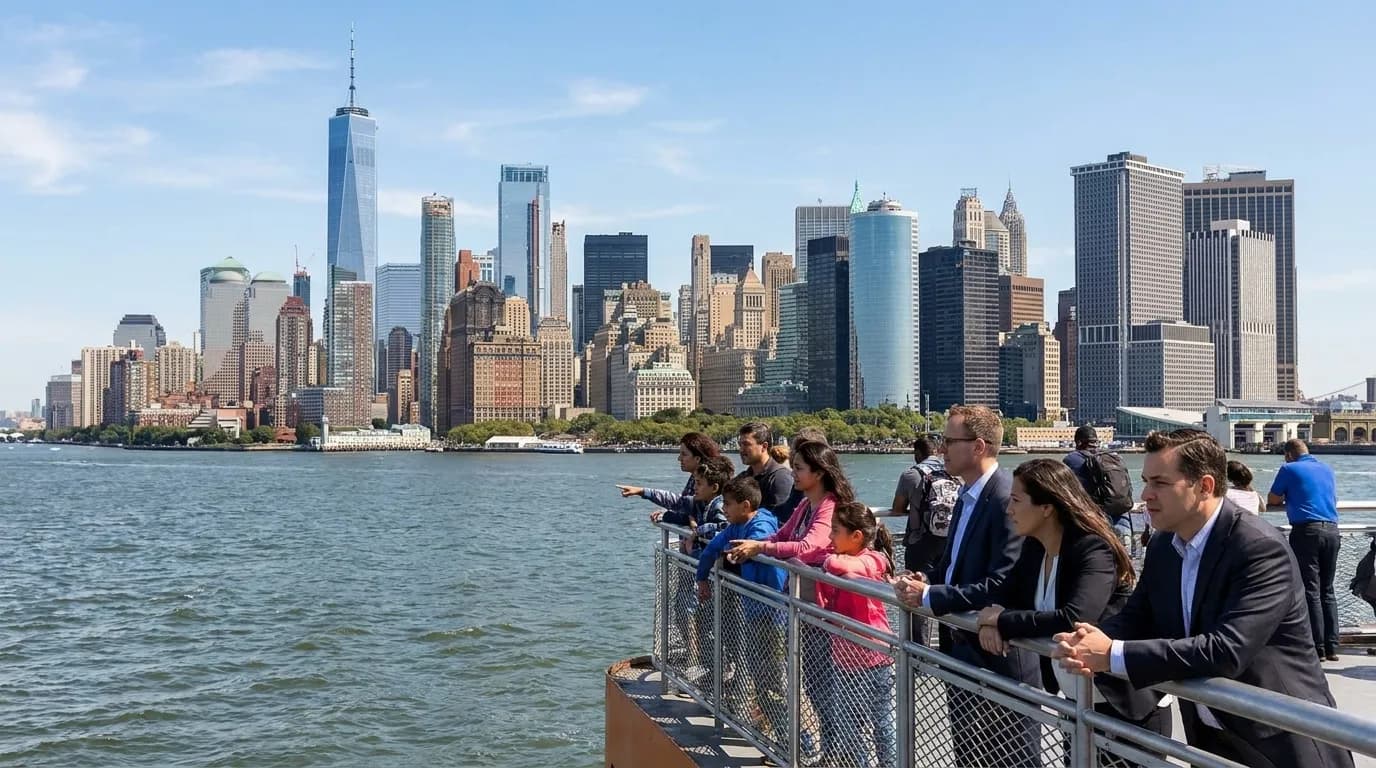 Staten Island Ferry approaching Manhattan with Lower Manhattan skyline in background