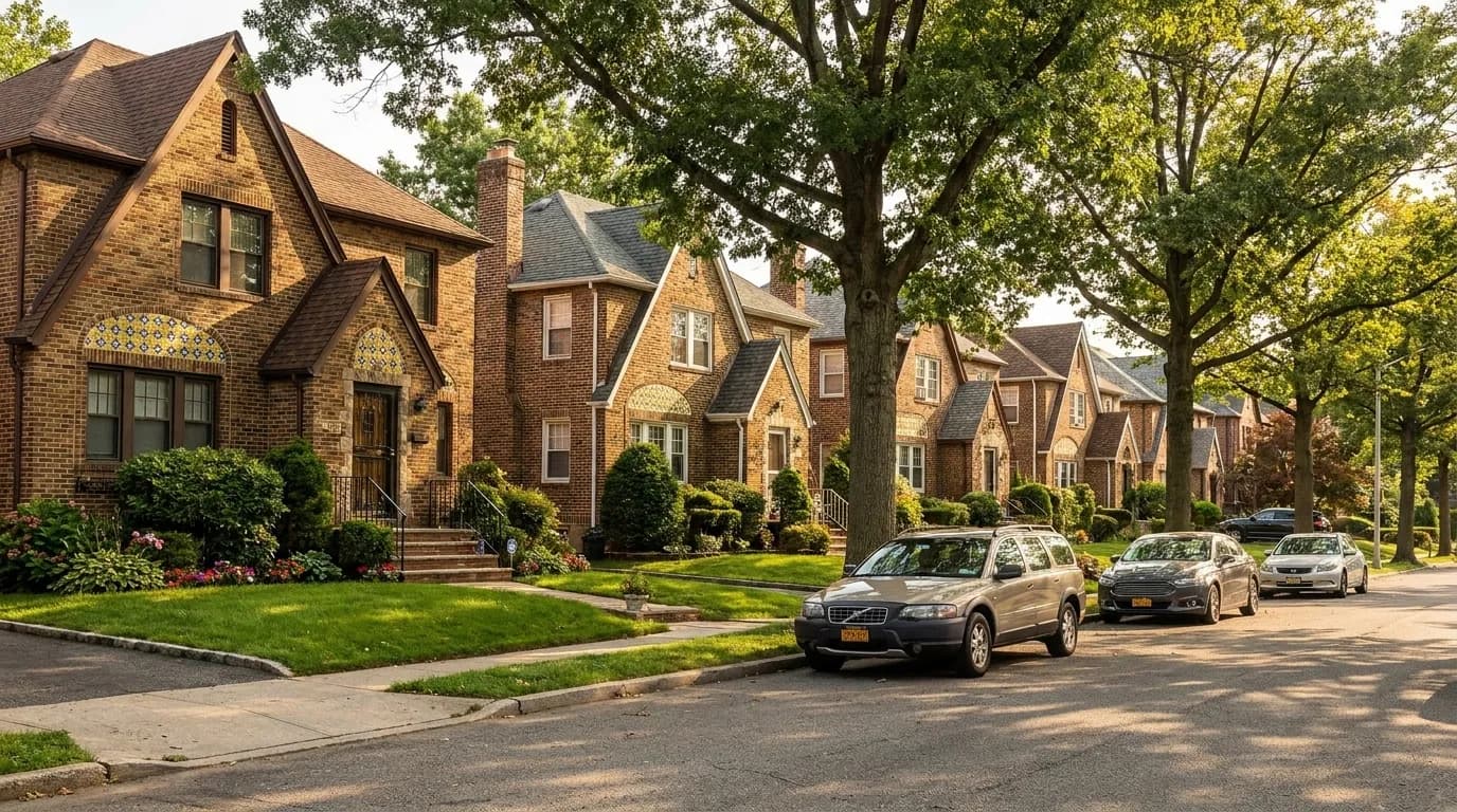 Tree-lined residential street in Staten Island showing single-family homes with front yards