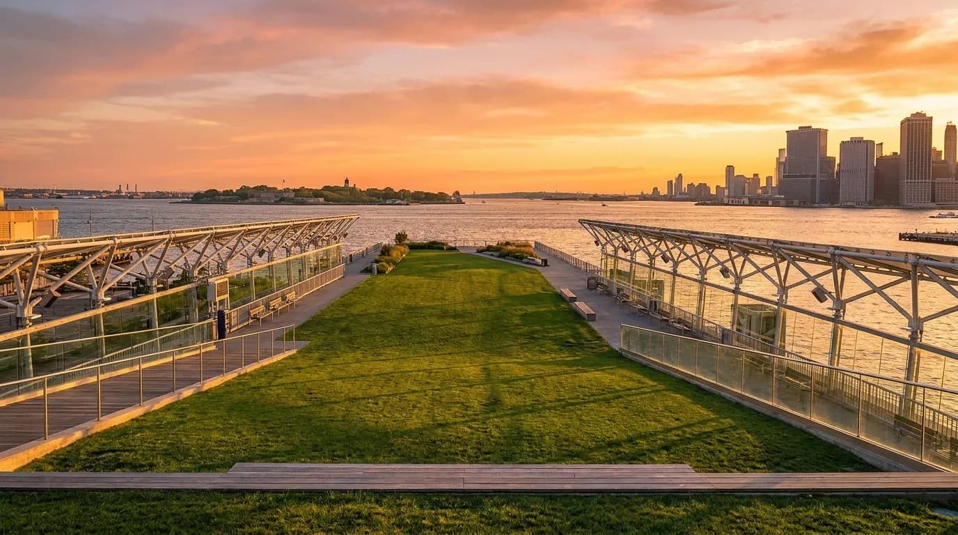 Wide view of Sunset Park's elevated green space overlooking New York Harbor with downtown Manhattan skyline in the distance
