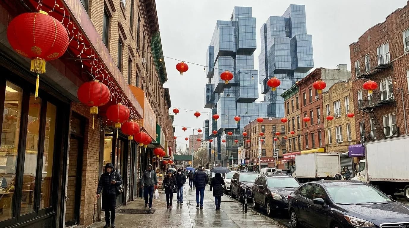 Street-level view of Eighth Avenue in Sunset Park showing Chinese restaurant storefronts and pedestrian activity