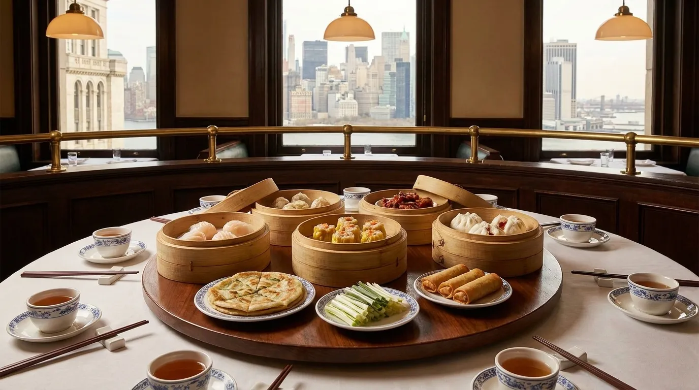 Close detail of dim sum dishes on a rotating lazy Susan with multiple plates and shared dining setup