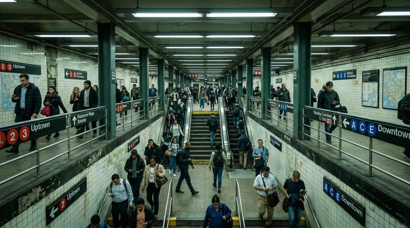 Commuters navigating a busy NYC subway transfer corridor between platforms during rush hour