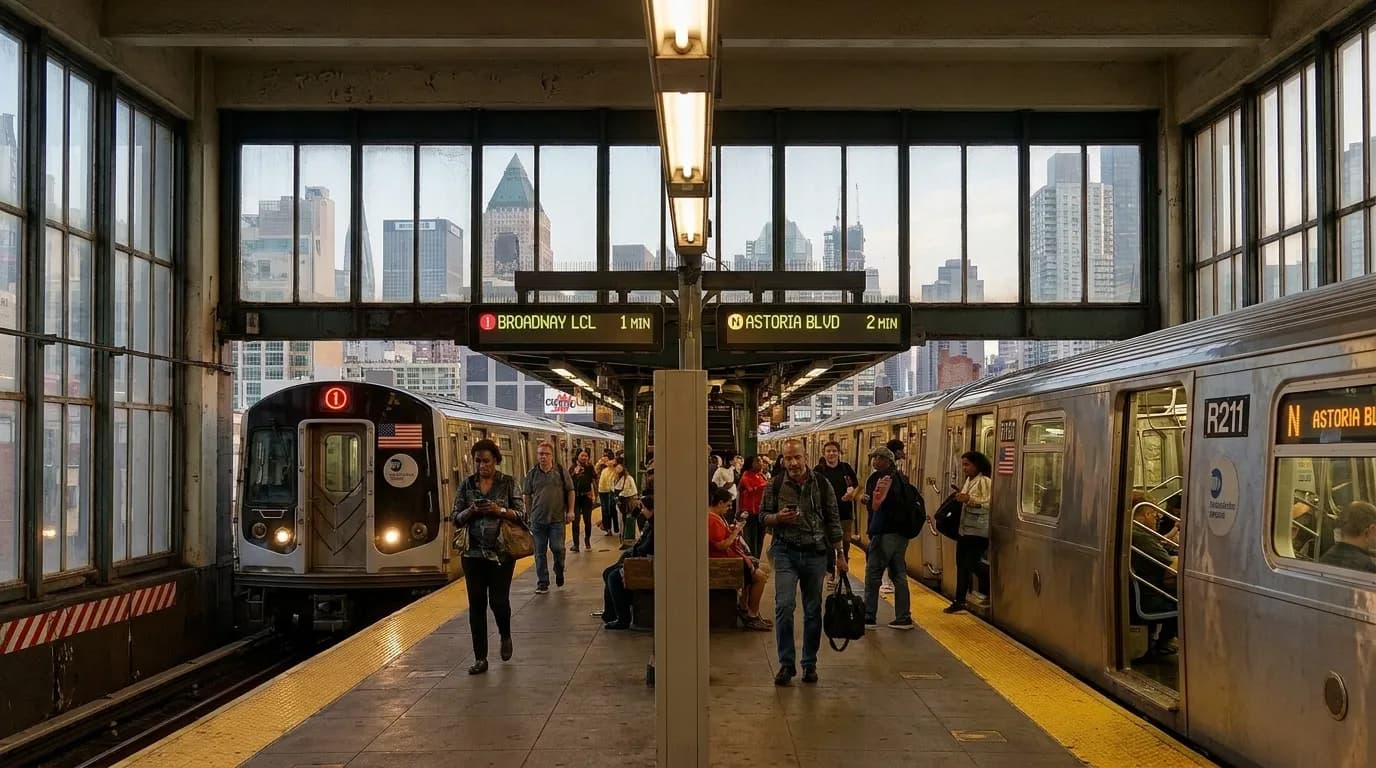 Multi-line subway platform at Union Square showing connecting train routes and signage