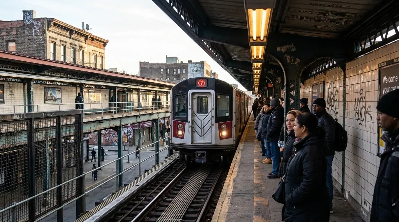 Interior of NYC subway platform with waiting passengers and approaching train