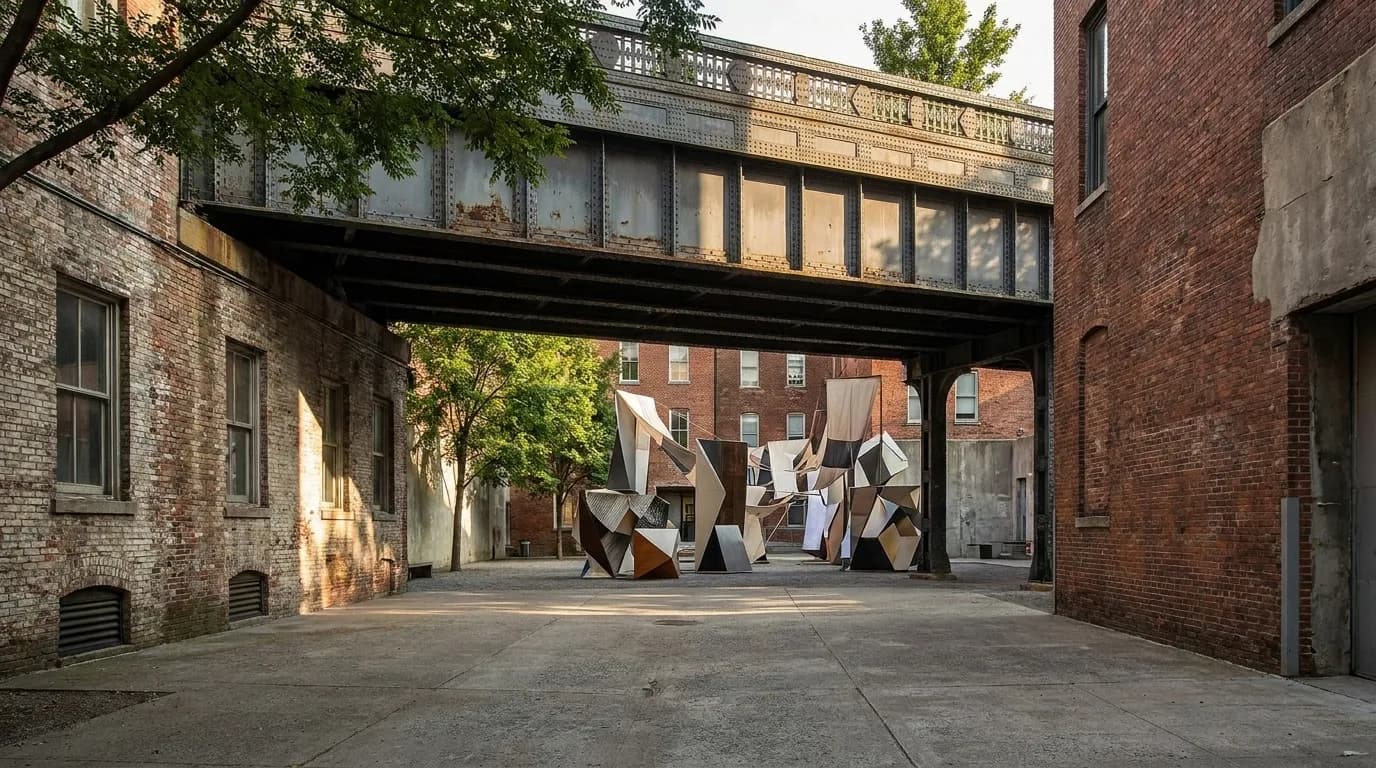 MoMA PS1's outdoor courtyard space in Long Island City with industrial architecture