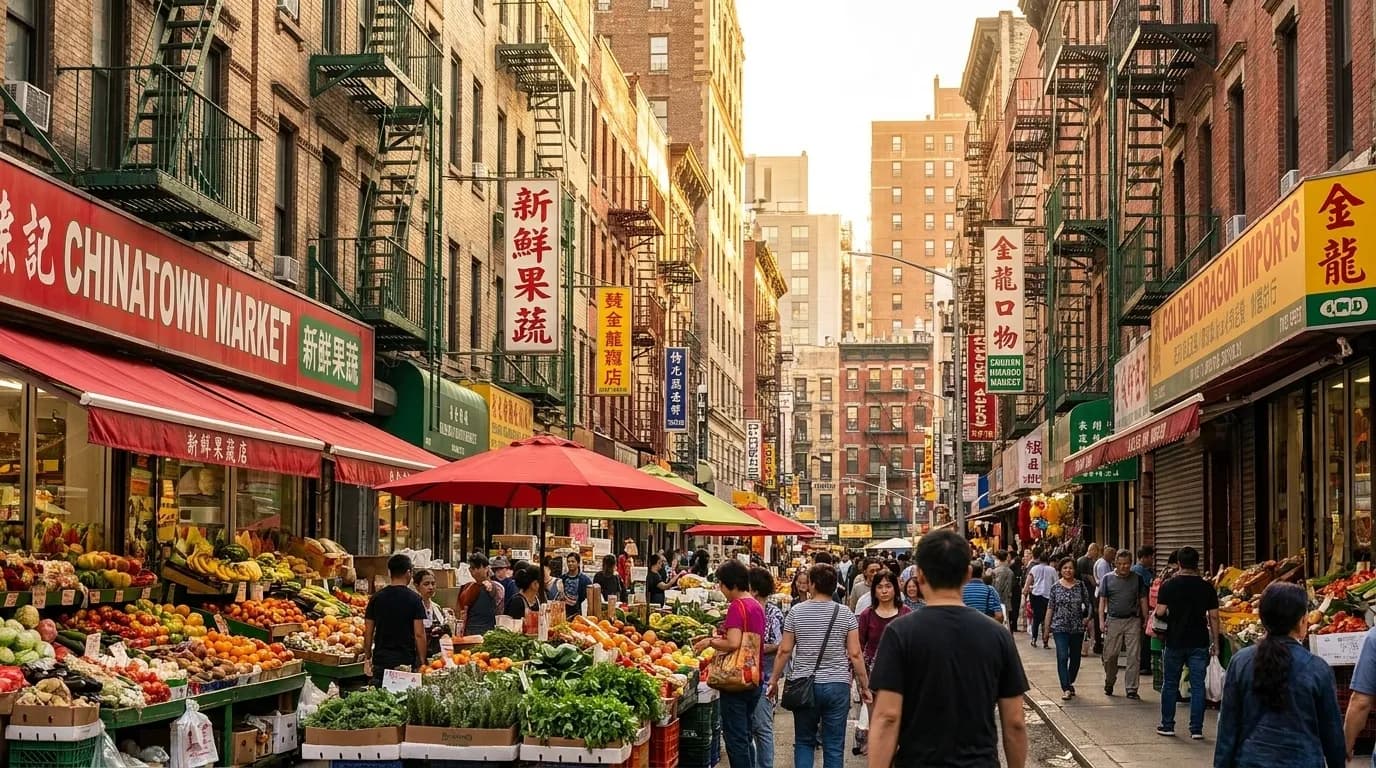 Crowded Chinatown sidewalk with produce vendors and pedestrians on a typical afternoon in Lower Manhattan