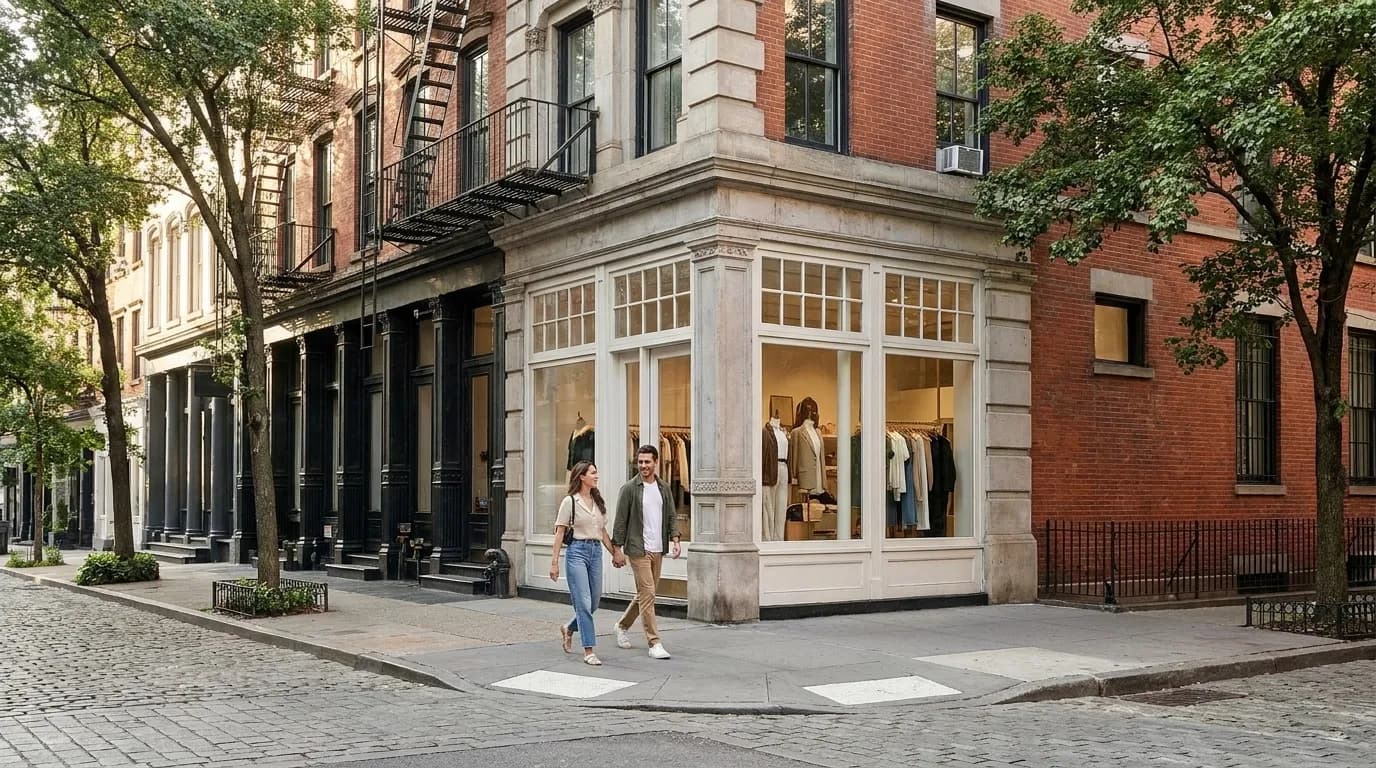 Quiet Nolita street with small boutique storefronts and tree-lined sidewalk in Manhattan