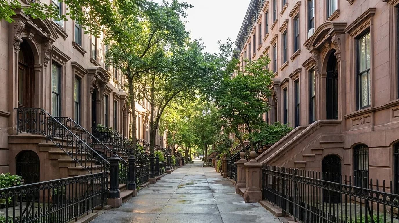 Tree-lined residential street with classic brownstone buildings on Manhattan's Upper East Side