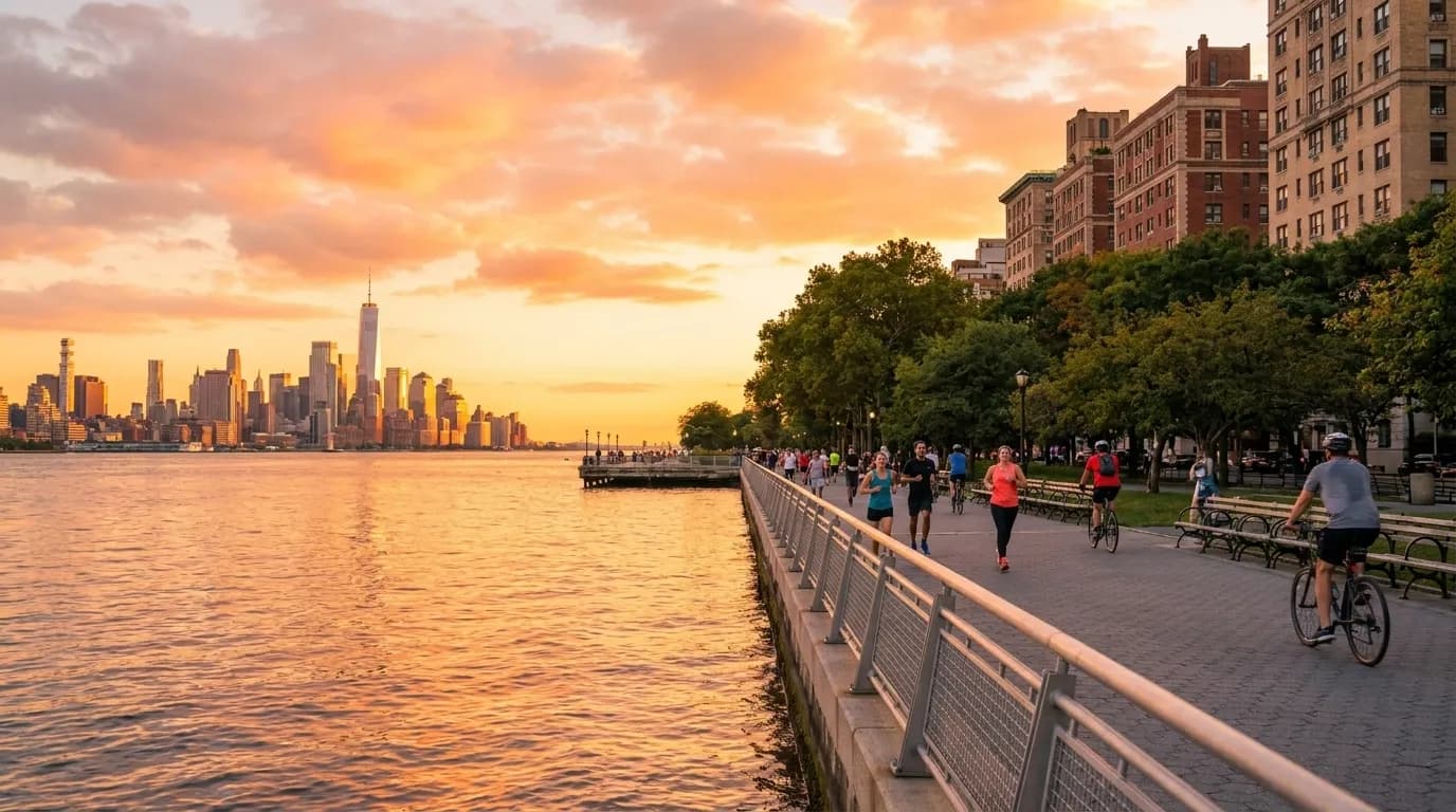 Wide view of Riverside Park along the Hudson River at sunset with Manhattan's Upper West Side skyline in the background