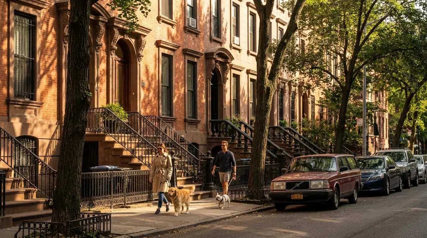 Tree-lined residential street on the Upper West Side showing classic brownstone buildings and wide sidewalks