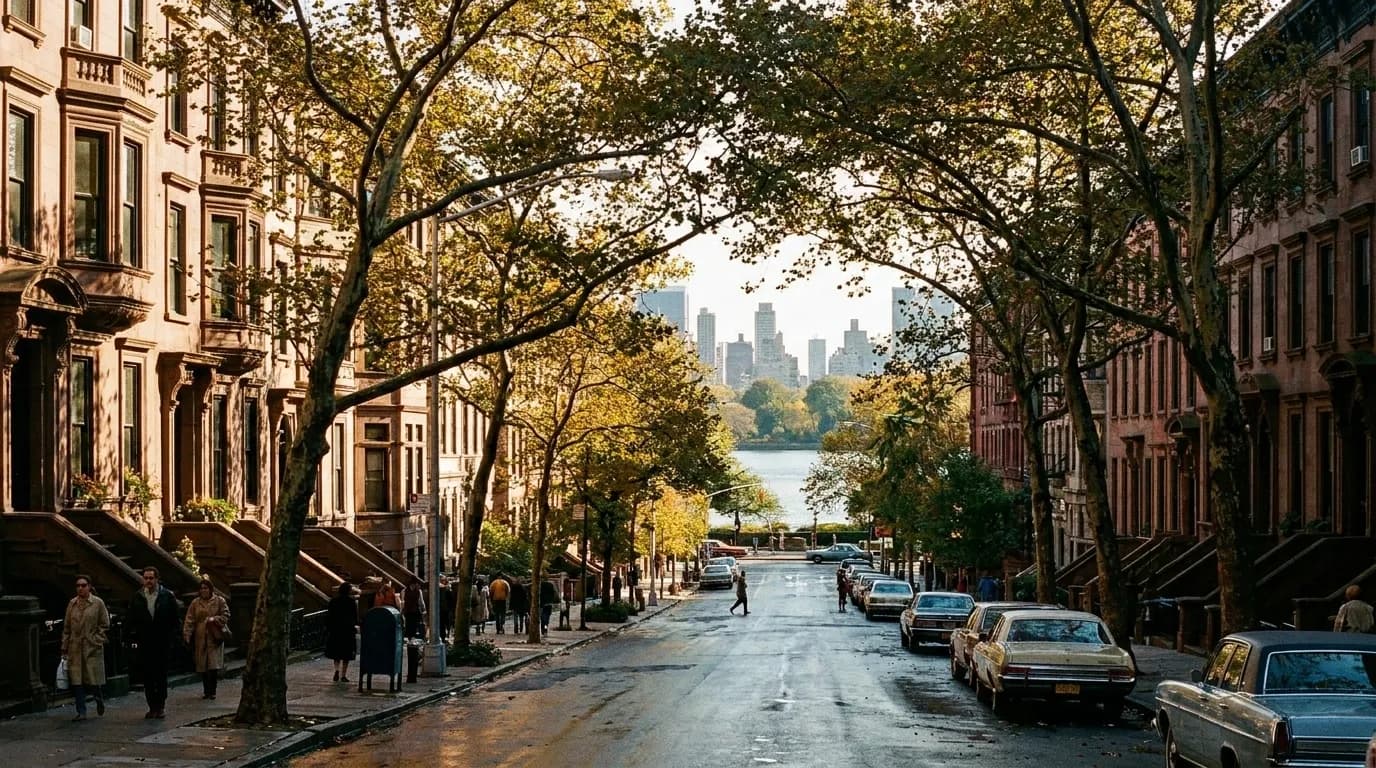 Tree-lined residential street on the Upper West Side with Central Park West buildings in background
