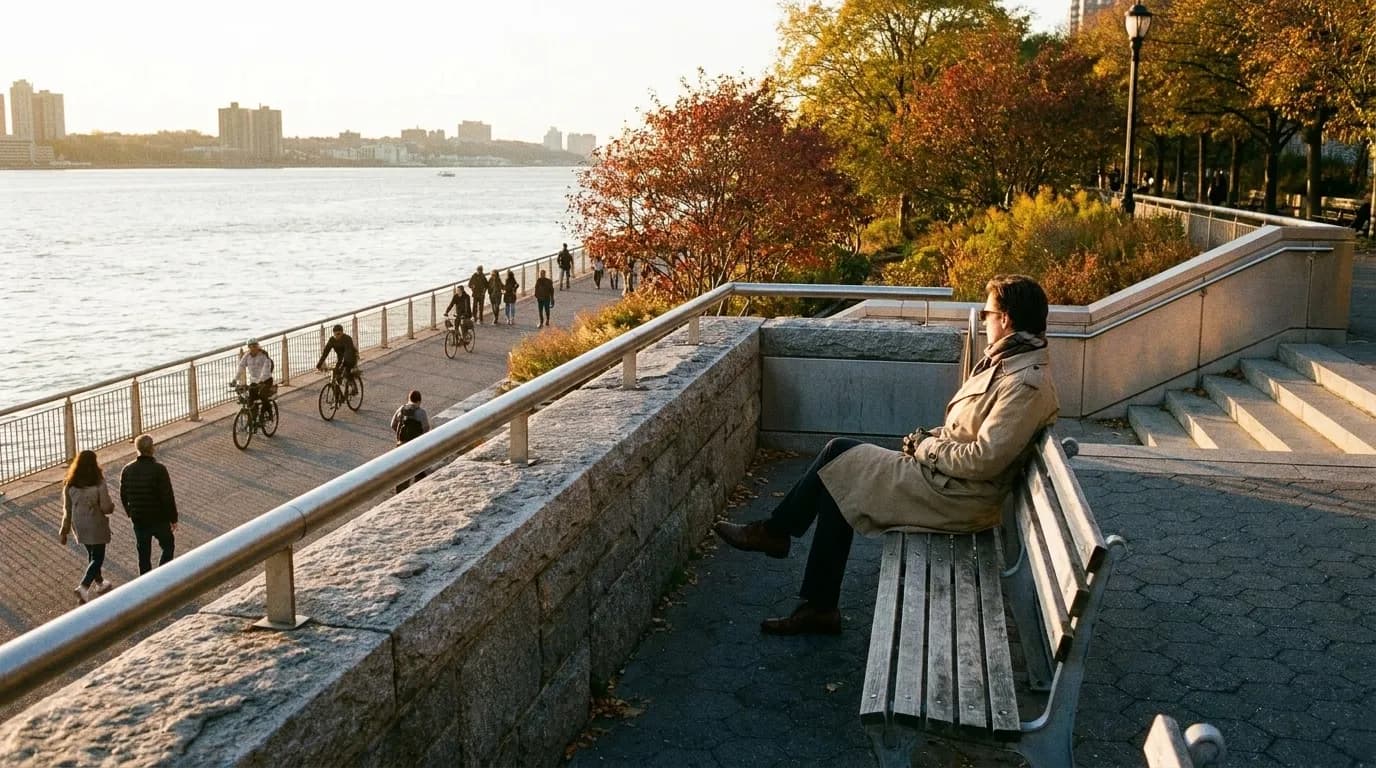 Pedestrians walking along Riverside Park waterfront path with Hudson River view