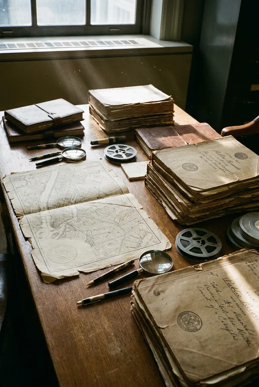 Archival research table for NYC true crime history