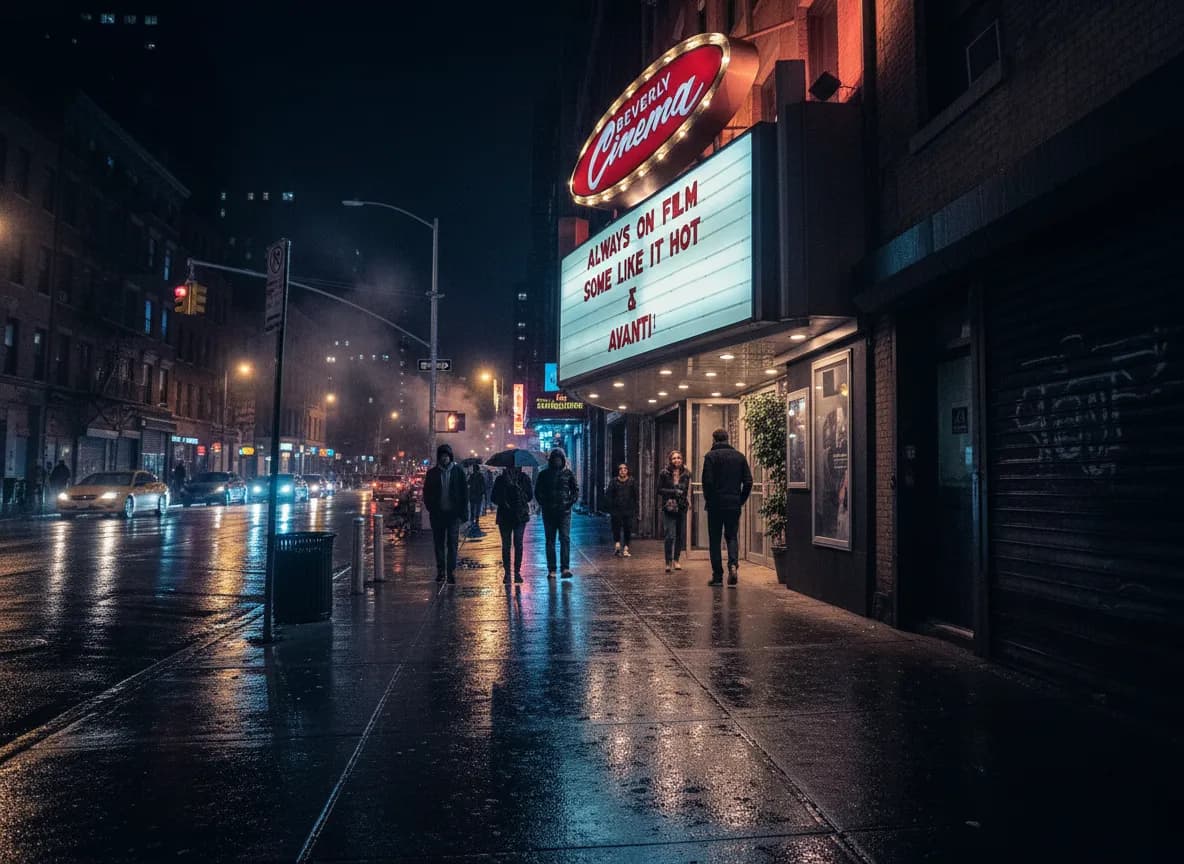 Rainy-night entrance to an independent NYC cinema