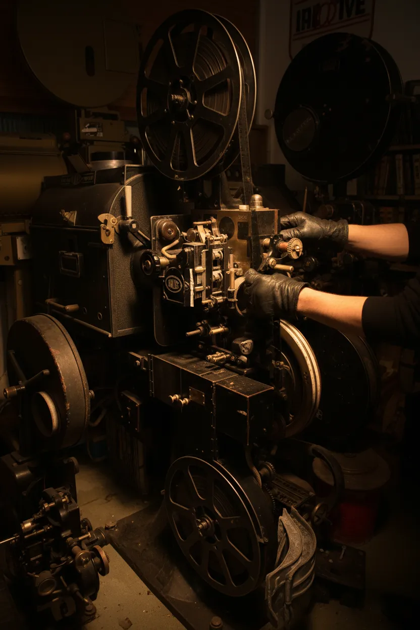 Projection booth detail inside a repertory cinema