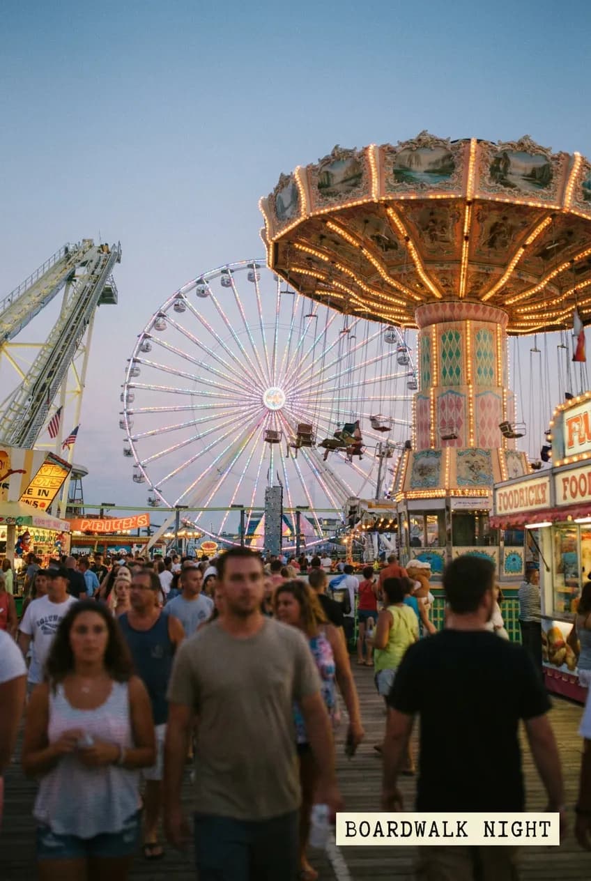 A Wildwood boardwalk evening scene styled from official visitor imagery