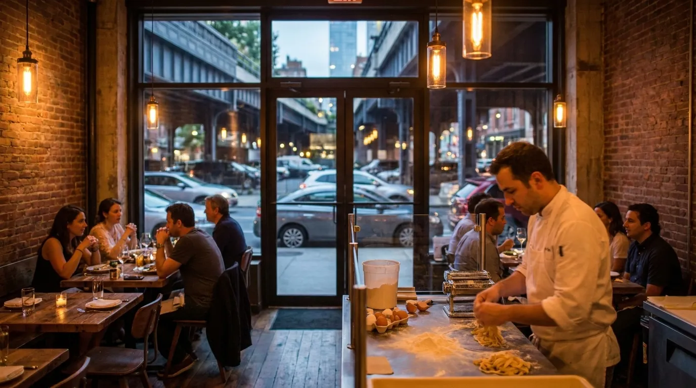 Warm dining room interior at Lilia restaurant in Williamsburg, Brooklyn