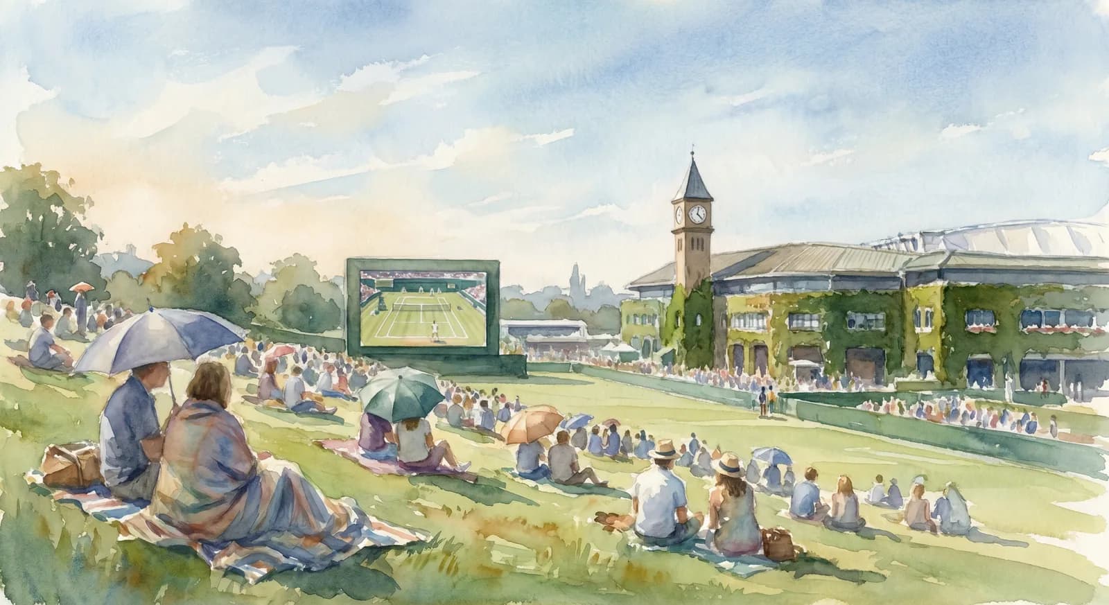 AI-generated watercolor: Henman Hill at Wimbledon during the Championships, picnicking spectators on the green slope watching tennis on a large outdoor screen, summer afternoon light