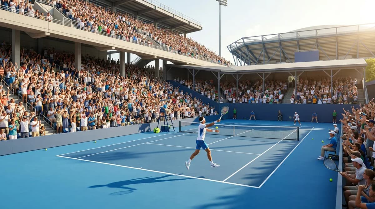 Photorealistic US Open tennis scene for Wimbledon Men’s Final Lessons That Could Shape the US Open.