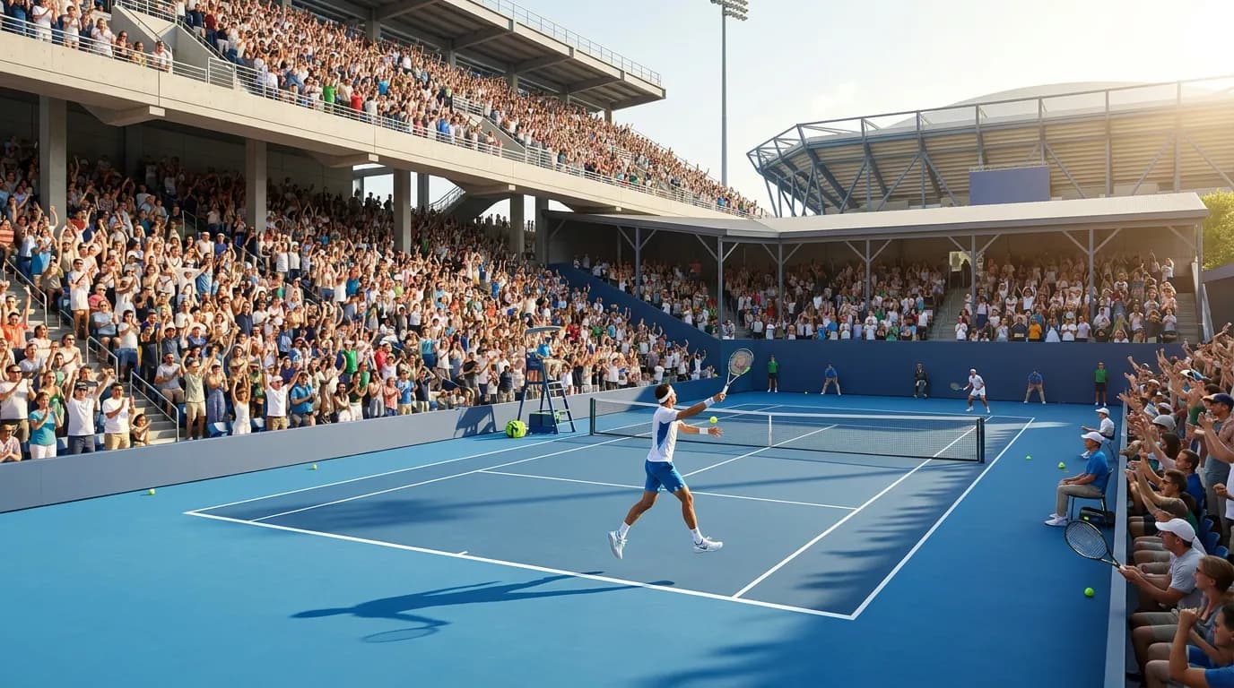 Photorealistic US Open tennis scene for Wimbledon Men’s Final Lessons That Could Shape the US Open.