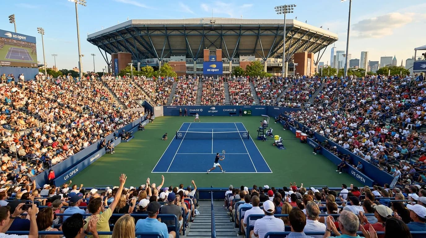 Bright US Open tennis atmosphere illustrating Wimbledon Men’s Final Lessons That Could Shape the US Open.