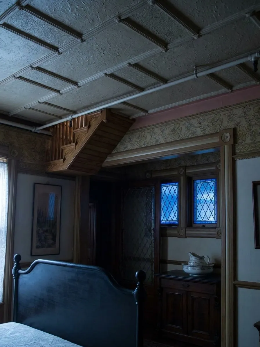 Wooden staircase inside Winchester Mystery House ascending directly into a ceiling with ornate Victorian woodwork and dim natural light