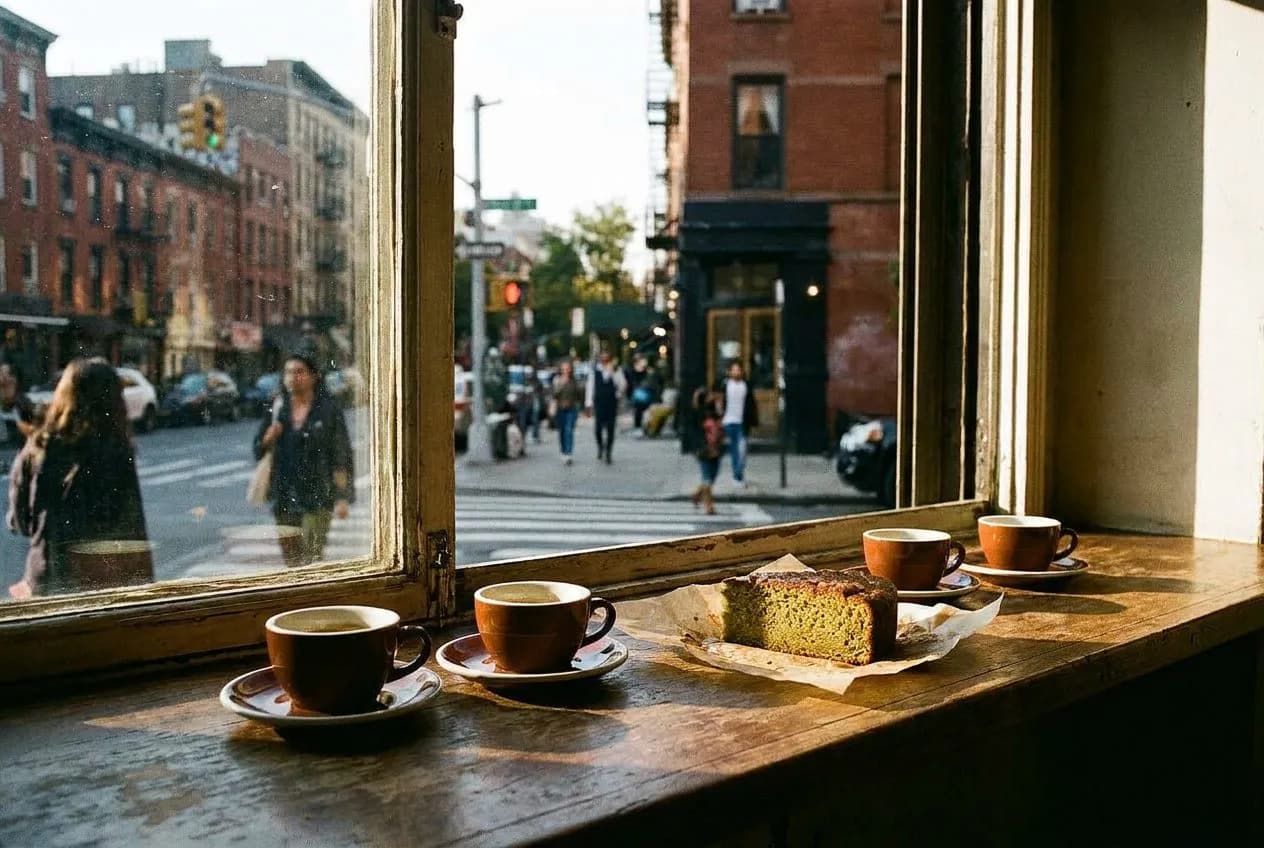 The window counter at Abraço Espresso where the olive oil cake sells out by 9am